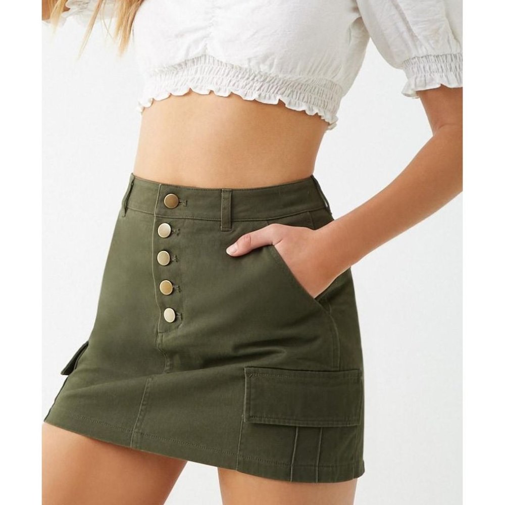 Green Cargo Button Fly Mini Skirt